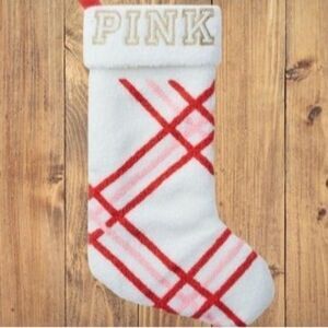 🔥PINK Victoria's Secret Stripe Christmas Stocking Sherpa White Red E34